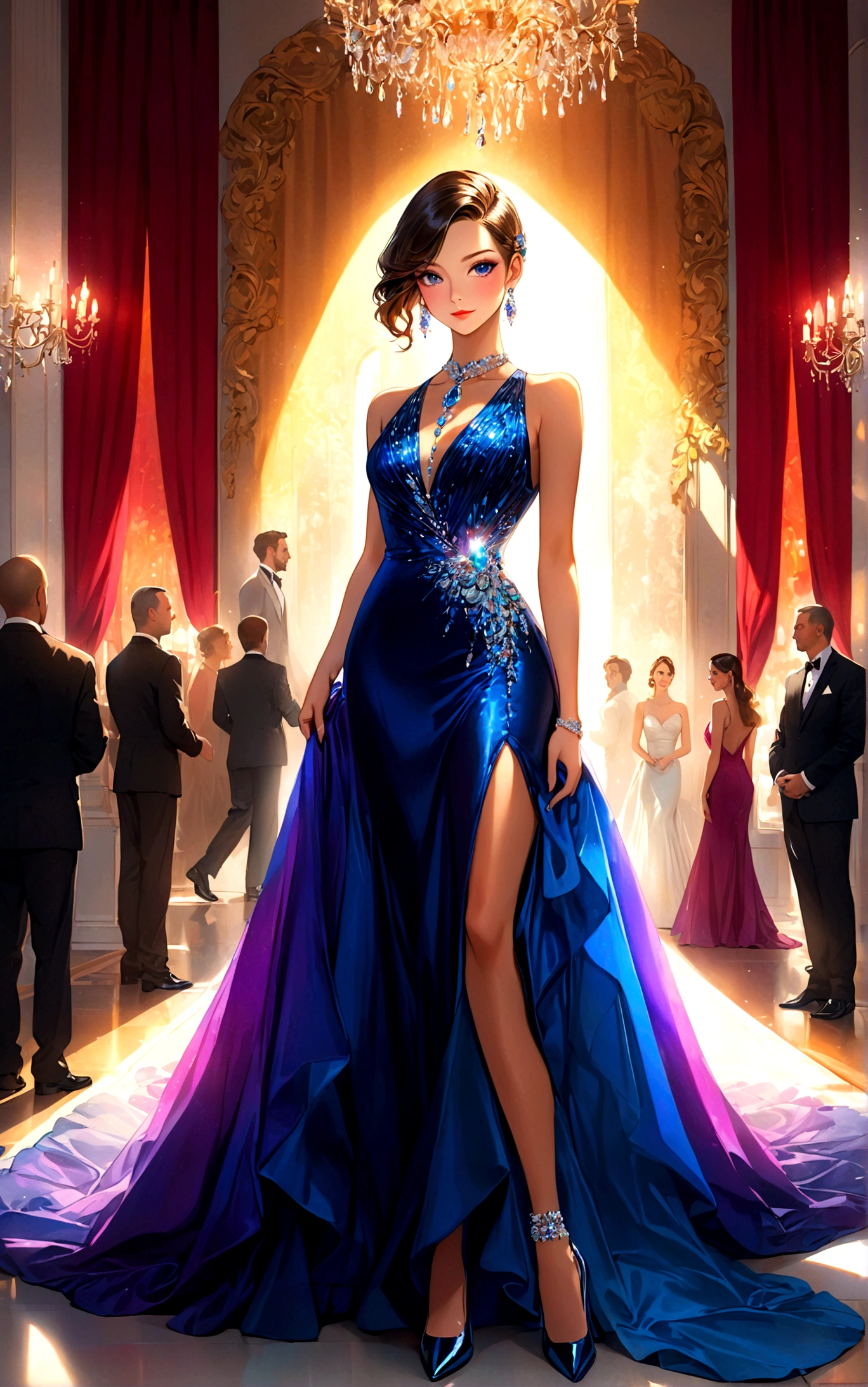 An elegant woman in a glamorous evening gown with a floor-length train, adorned with exquisite jewelry, wearing elaborate makeup, attending a high-end banquet. The setting is illuminated with radiant lights, creating a dazzling interplay of light and shadow. Medium: portrait painting, HDR, ultra-detailed, realistic. Art style: portraits. Color palette: vibrant colors, jewel tones. Lighting: sophisticated lighting design.