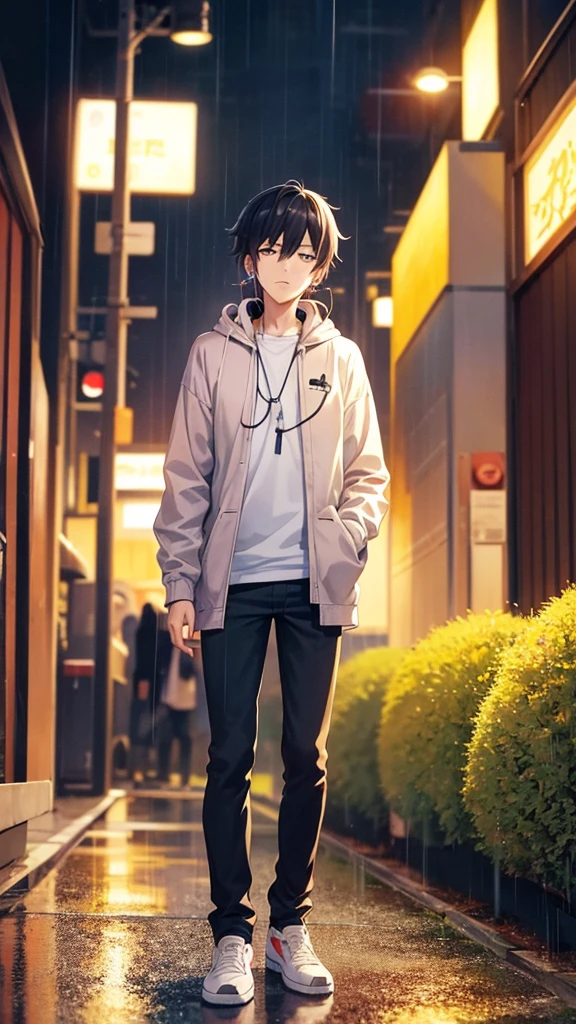 anime guy with headphones smoking a cigarette in the rain, an anime drawing inspired by Yamagata Hiro, trending on pixiv, serial art, artwork in the style of guweiz, anime style 4 k, young anime man, anime boy, with headphones, 4k anime wallpaper, modern anime style, guweiz, anime aesthetic, anime wallpaper 4k