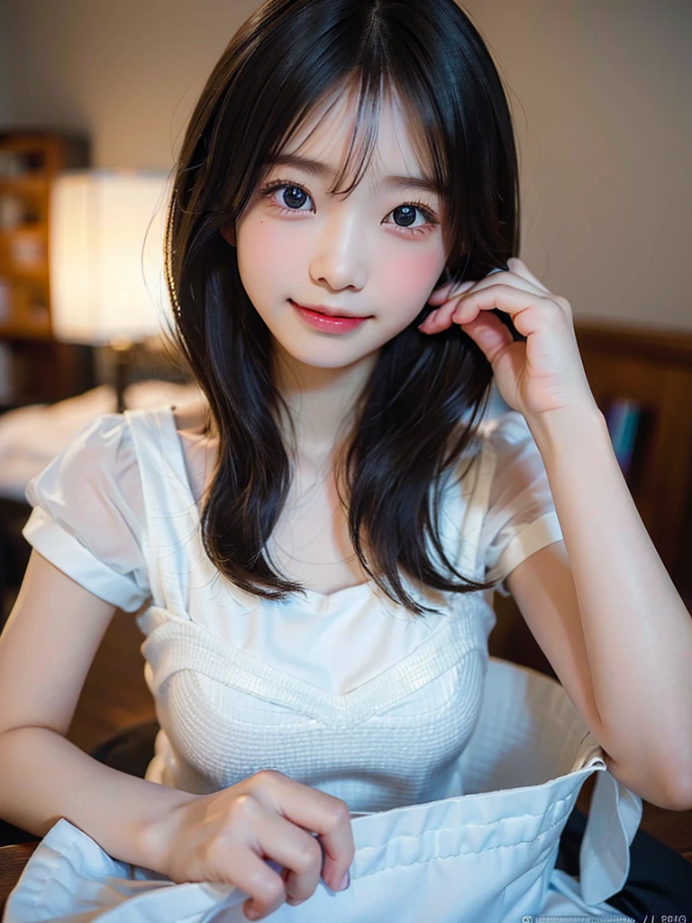 (Beautiful Japanese Girl), 1girl, solo, 10 years old, (smile:1.25), break, 
(Shot with a Canon EOS 5D Mark 4 and a Canon EF 85mm F1 lens.2L Lens, F-stop 1.2, ISO50, Shutter speed ), break, 
(close up:1.5), (Looking at the camera :1.3), break, 
beautiful and Fine Eyes, perfection, perfection, Rolling your eyes, Detailed face, Fine Eyes, Superior Quality, masterpiece, Very detailed, High level of detail, Many details, high quality, Cinematic Light, Real Hands, (Ultra-realistic:1.3), perfection eyes, Detailed skin, Skin wounds, Lip gloss, break, short hair,  (hair over one eye:1.5), 