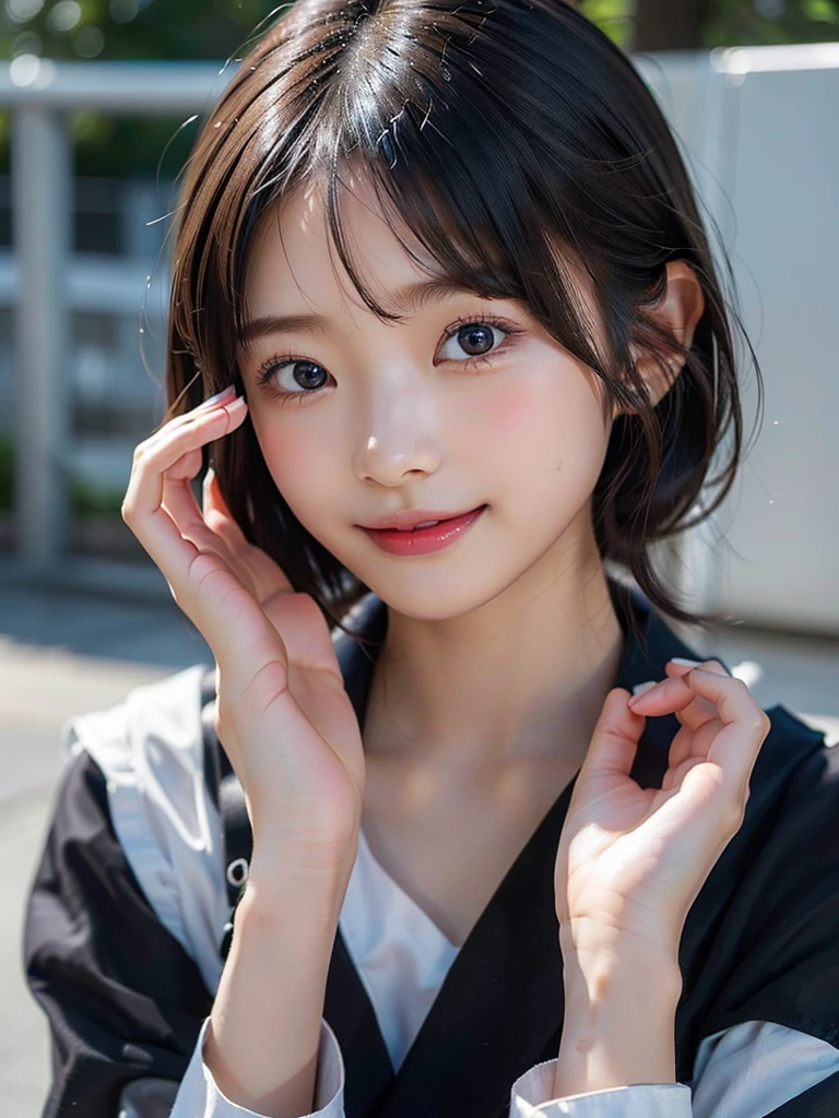 (Beautiful Japanese Girl), 1girl, solo, , (smile:1.25), break,
(Shot with a Canon EOS 5D Mark 4 and a Canon EF 85mm F1 lens.2L Lens, F-stop 1.2, ISO50, Shutter speed ), break,
(close up:1.5), (Looking at the camera :1.3), break,
beautiful and Fine Eyes, perfection, perfection, Rolling your eyes, Detailed face, Fine Eyes, Superior Quality, masterpiece, Very detailed, High level of detail, Many details, high quality, Cinematic Light, Real Hands, (Ultra-realistic:1.3), perfection eyes, Detailed skin, Skin wounds, Lip gloss, break, short hair, (hair over one eye:1.5),