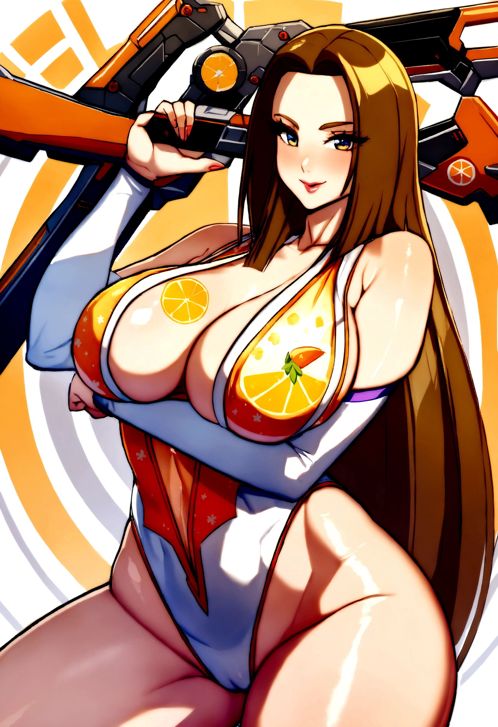 (Mimi Rogers, age 30, very large natural bust) in a sexy sunshine themed leotard, she is flirting and striking action poses while holding sci fi weapons, Japanese Orange Juice Commercial
