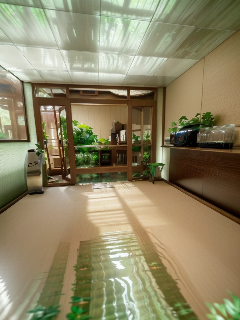 desk, semi-terrestrial aquarium, leafy ornamental plants, warm, Japanese design, intricate detailed patterns, lush greenery, crystalline water, natural lighting, polished wood, minimalist aesthetic, tranquil atmosphere, serene, high quality, 8k, cinematic, photorealistic