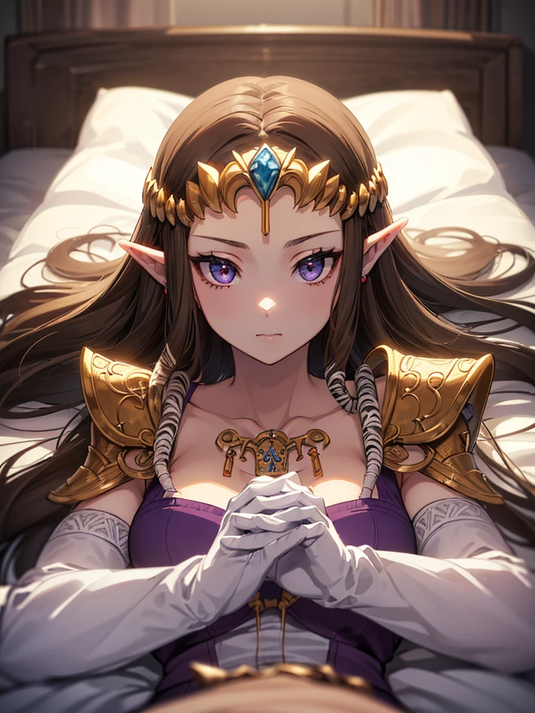 ((Clasp your hands together as if praying)),((Princess Zelda)),((the legend of zelda)),((Front face)),((upper body)),Anime art style,masterpiece,(Dark brown hair), (Very detailed),(Very delicate and beautiful),(alone),((((pov)))),(Detailed face and eyes),Beautiful eyes like jewels,(Purple blouse),(((Mature Woman,Queen))),((1 Queen in a beautiful)),((crinoline)),(((Long Straight Hair))),(Very beautiful mature woman),,length_gloves,hair accessory,Sparkling,((Lying in bed))