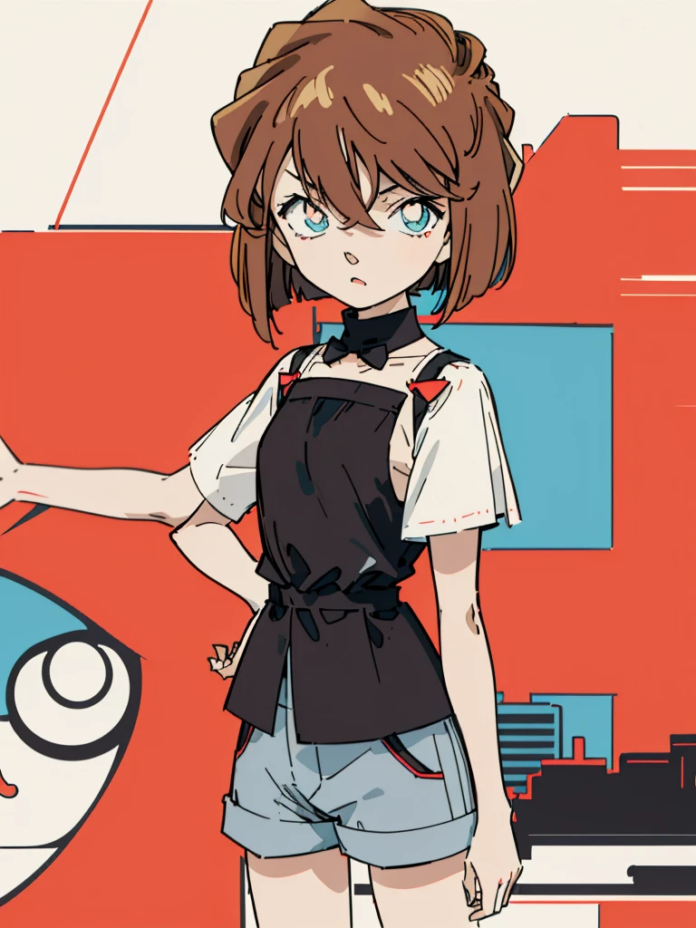 anime style, (1girl in, Solo:1.0), (Haibara Ai), ((Short pants)), (((Big eyes))), (Cute anime girl head), (flat chest),looking at viewer,With a height of 100cm, shoot from front, (head shot), Simple line minimalism, Abstract Art, City background, anime opening movie