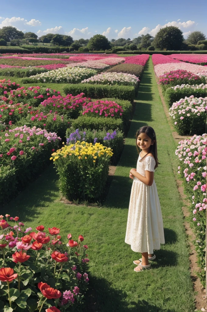  A girl standing in a giant flower garden 