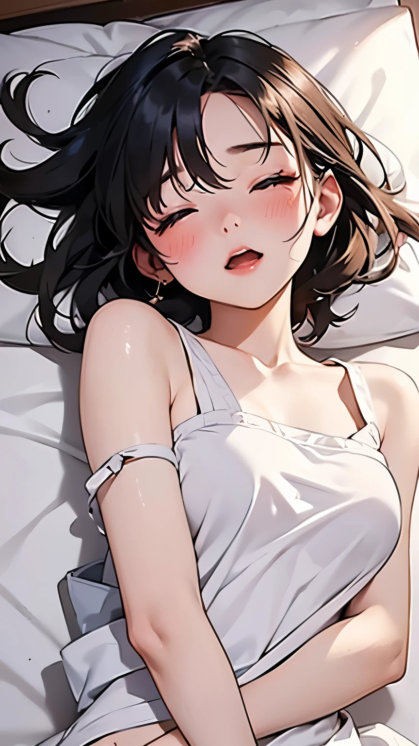 1女高中生Lying on your side in bed,Show your shoulders,Close your eyes,blush,Open mouth slightly,Covered with a towel,Lying on your side in bed,Sweat all over the body,Curved body,High top view,Full body image