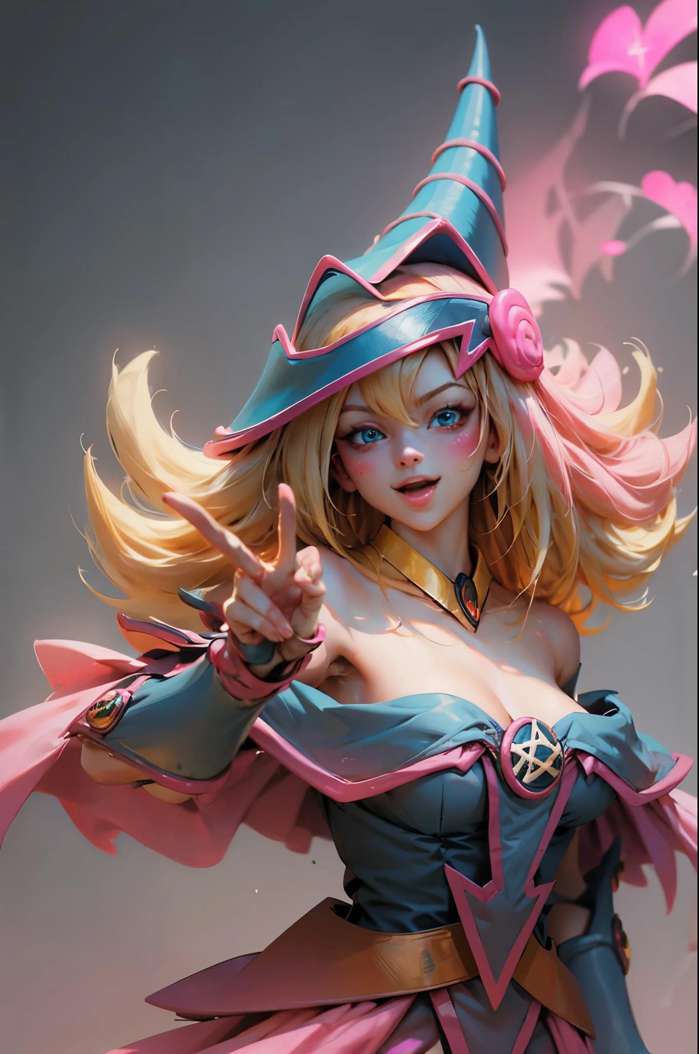 Create the beautiful face of dark magician gils. blue eyes. pink lips. white tea. blond hair. girl smile. Uncovered shoulders. Necklace on the neck. dark wizard gils face. His hands make the sign of peace and love. Peace and love in your hands.