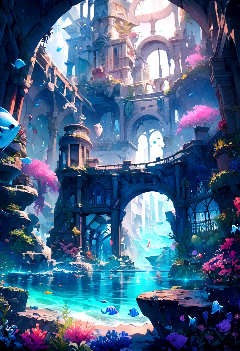 Underwater World Atlantis, deep sea, A magnificent reality, (High resolution: 1.4), Speckled sunlight, Cool colors, ancient ruins, A sea-style house with a sense of design, wonderful、can't believe it, A magnificent composition, (Intricate details), (Intricate details, Super detailed: 1.2), Art Station, (masterpiece, Highest quality)