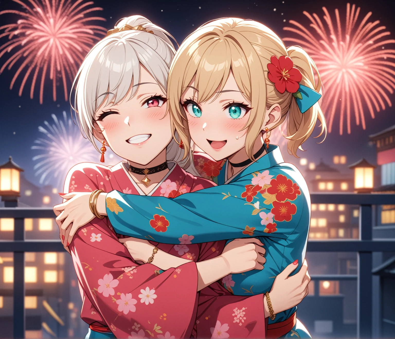 ((2girls)), Beautiful Face, Laughing embarrassedly, ((Wink:1.9)),大きくLaughing with your mouth open,((Bright red cheeks:1.4)), ((hug from behind:2.0)),Glossy pink lips,night,rooftop,Festive decorations,You can see the ocean, firework,Laughing with your mouth open,Glossy pink lips,Lighting on the face,((Anime style background)),masterpiece, Highest quality, so beautiful,Latest, Complex details, (Pink long nails),(ring),(bracelet),(choker),AI-generated, Complex,High resolution, Highest quality, super high quality,3D Images、3D Images,One person,Long blonde hair,High Ponytail,((Turquoise Eyes)),Anime woman posing for a photo, ((Fine grain、Colorful Eyes、Shining Eyes:1.3)),(Squint your eyes:1.1),a hyperRealistic , hyperRealistic , Realistic,Anime woman with long and white hair, Smooth anime CG art, A woman in a colorful kimono with gold embroidery, (Pink long sleeve kimono),Red floral pattern,Long flower hair ornament,big floral earrings,Mature Body,(Big Breasts:1.1),Tall,Abdominal muscles,Narrow waist,(Zoom in on face:1.6),Shooting from an angle