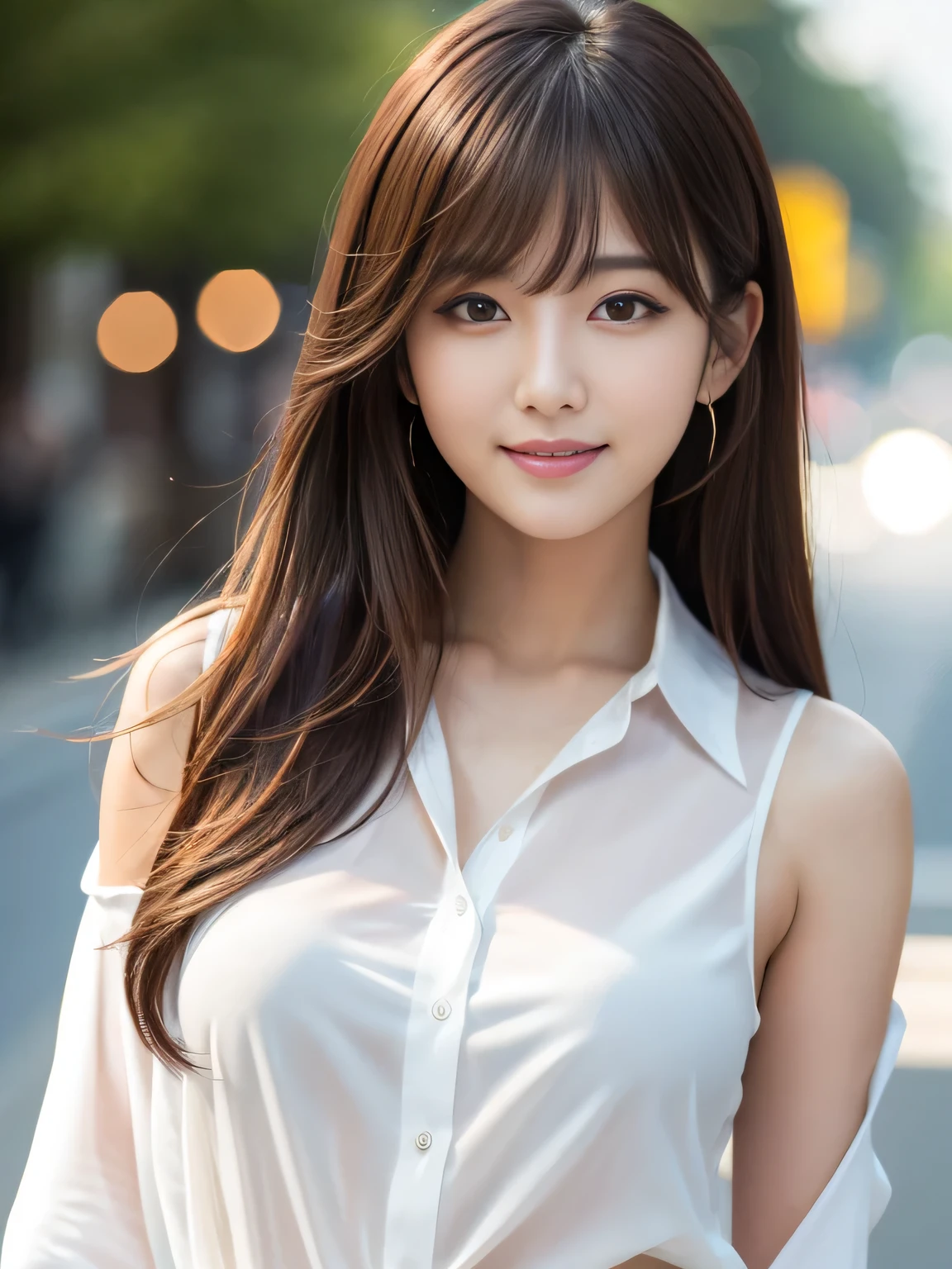 Ultra High Definition, Superior Quality, Premier Quality, ultra detailed, Photorealistic, 8k, RAW Photos, highest quality, masterpiece, Attractive woman, Stunning woman, Sexy, Brown Hair, Shoulder Length Layered, asymmetrical bangs, Korean Female Model, Sophisticated, Stylish, Formal shirt, Shibuya, (seductive smile),