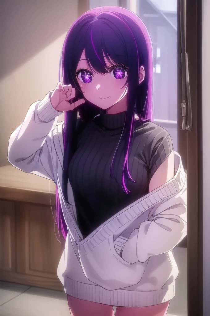 aihoshino, Ai Hoshino, Long Hair, bangs, (Purple eyes:1.1), Purple Hair, (Symbol-shaped pupil:1.5), smile,
break long sleeves, sweater, ribbed sweater, camisole, white camisole,
break indoors,
break looking at viewer, (Cowboy Shot:1.5),
break (masterpiece:1.2), Highest quality, High resolution, unity 8k wallpaper, (figure:0.8), (Beautiful attention to detail:1.6), Highly detailed face, Perfect lighting, Highly detailed CG, (Perfect hands, Perfect Anatomy),