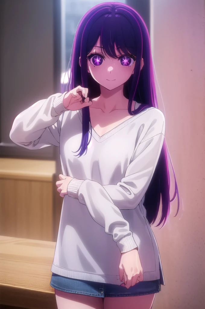 aihoshino, Ai Hoshino, Long Hair, bangs, (Purple eyes:1.1), Purple Hair, (Symbol-shaped pupil:1.5), smile,
break long sleeves, sweater, ribbed sweater, camisole, white camisole,
break indoors,
break looking at viewer, (Cowboy Shot:1.5),
break (masterpiece:1.2), Highest quality, High resolution, unity 8k wallpaper, (figure:0.8), (Beautiful attention to detail:1.6), Highly detailed face, Perfect lighting, Highly detailed CG, (Perfect hands, Perfect Anatomy),