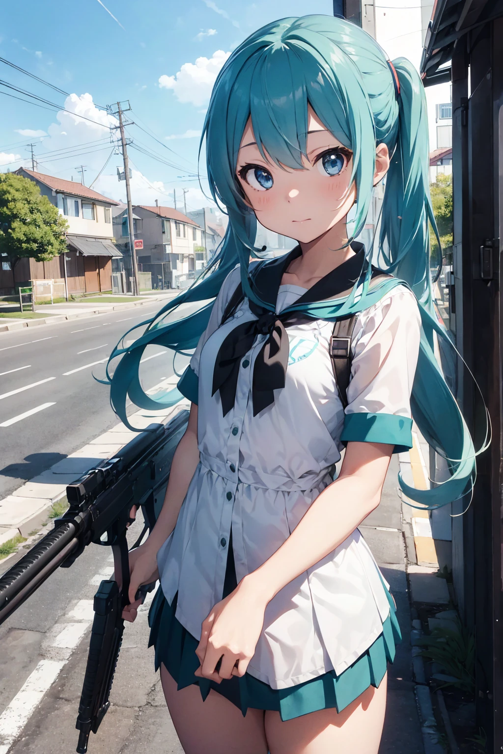 Hatsune Miku, masterpiece, Highest quality, Lens flare, Depth of written boundary, (close: 1.3), (Wide Shot, Fisheye Lens: 0.85), Face Focus, Hatsune Miku, Small faces scattered, gunを構えるポーズ, Open neck blouse, Pleated skirt, (Have a weapon, Hold the rifle, aim, aim:1.2), gun, H&Khk416, carbine, fire, Firing, sunny, blue sky, battlefield, Urban Warfare, road signs, Skyscraper,