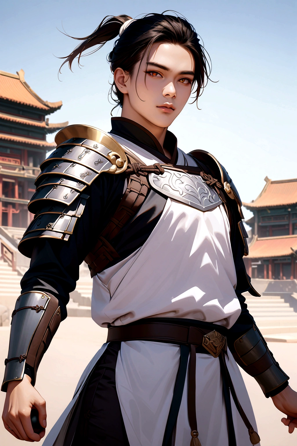 25 year old Chinese man,middle aged man,realistic,chinese_Armor,alone,Background of ancient chinese cities,detailed_eye,shoulder_Armor, pitching,(검은 eye),looking at viewer,(masterpiece:1.2), (best quality:1.2), perfect eye, perfect face, perfect lighting, (8K),(complete anatomy), Nee Shot
