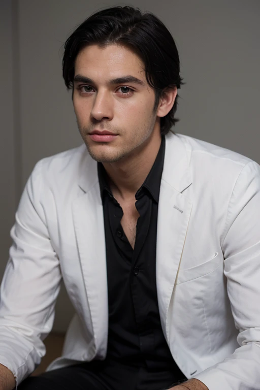 Handsome thin White man medium black hair black suit scarce Stubble