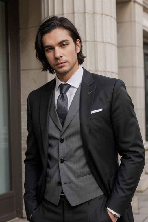 Handsome thin White man medium black hair black suit scarce Stubble 