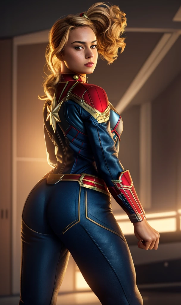 Captain Marvel, 1girl, 8k, uhd, trending on arstation, award winning art, best quality, masterpiece, photorealistic, raw image, , ponytail, thick Latina,