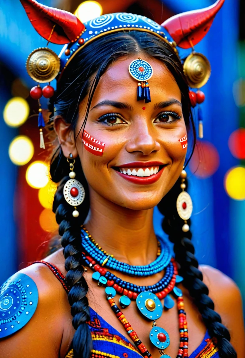 An ultra realistic image featuring a Guarani woman from Brazil, adorned with traditional tribal makeup, smiling brightly against an abstract, uniquely indigenous style background. Her long, wavy dark hair cascades down her back, and her eyes sparkle with the vibrancy of rich, red, white, and black colors that highlight her deep connection to her culture. She wears a garment typical of the Guarani people, and the soft, warm lights illuminating her face create a captivating, glowing effect. This photorealistic portrait showcases the beauty and essence of the Guarani people, captured in a masterpiece by a talented artist. estilo steampunk ((Obra de arte)), ((surpreendente)), ((Impressionante)), ((espetacular)), ((imersivo)), ((Extraordinário)), animal, coruja, Caçador, Pássaro noturno, Estilo 3D, Arte 3D estereoscópica, Arte tridimensional, Renderização 3D, iluminação cinematográfica, iluminação ambiente, iluminação dramática, iluminação evocativa, circular polarizer, Aprimoramento do céu azul, aumento do contraste, Filtro polarizadorRobot short twintails, na cidade espacial, ciberpunk, jaqueta vermelha na chuva, extremely high quality Robot pig na cidade espacial, ciberpunk, jaqueta vermelha na chuva, filme de qualidade extremamente alta ainda, filme ainda, cinematic, tomada cinematográfica, iluminação cinematográfica, foto macro, Filme 35mm, olhos verdes, olhos azuis, olhos castanhos, fechar-se, dentes, aparelho ortodôntico . Antique, Mecânico, tons de latão e cobre, engrenagens, intricado, detalhado