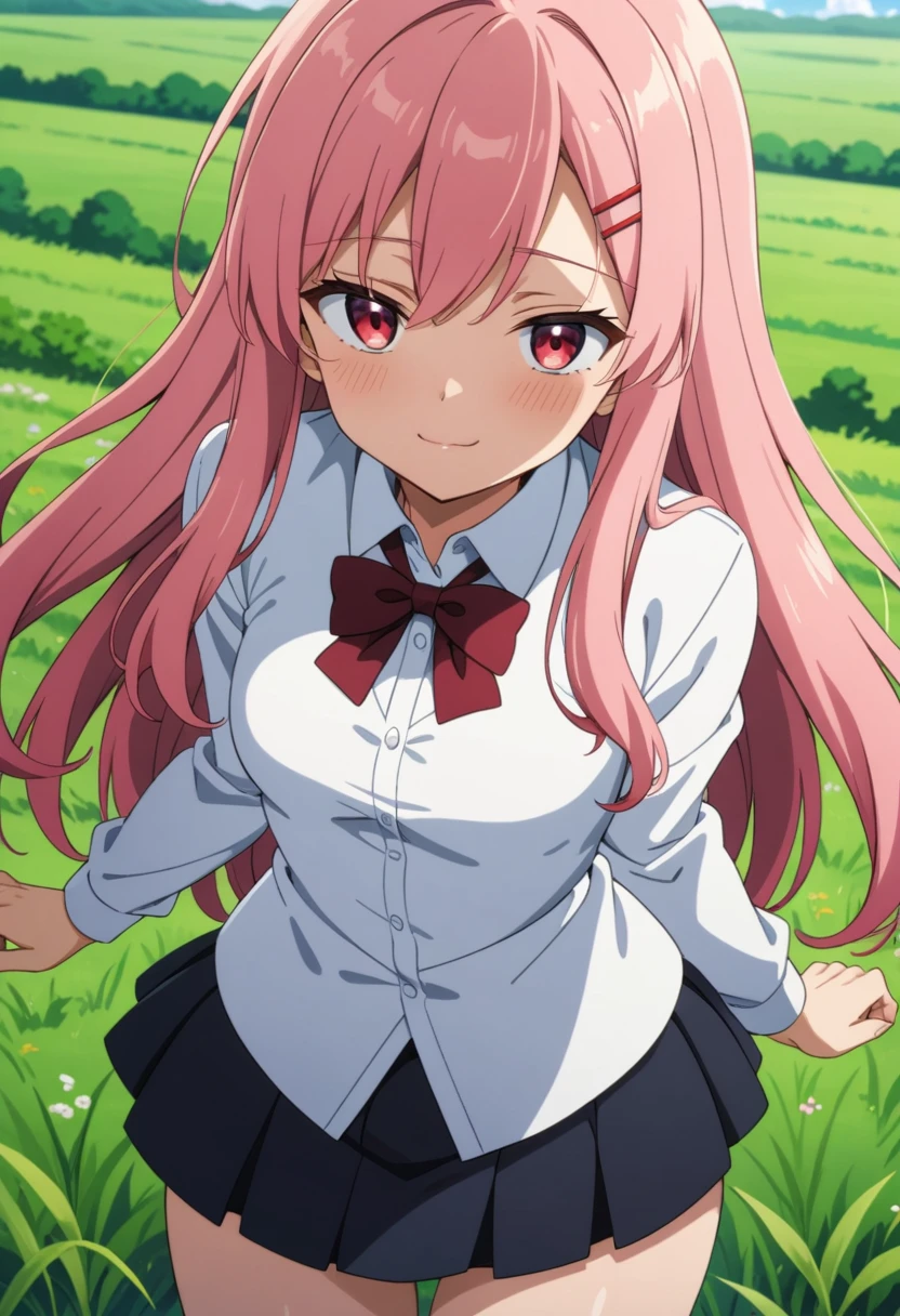 1girl, solo, anime coloring,
long hair, pink hair, red eyes, seductive smile, small breasts, white shirt, red bowtie, hairclip,
field, blue sky,
masterpiece, best quality, very aesthetic, absurdres,Skirt fully visible、Stripes々Panties、Panties in full view、Skirt fully visible、Without skirt、Panties fully exposed