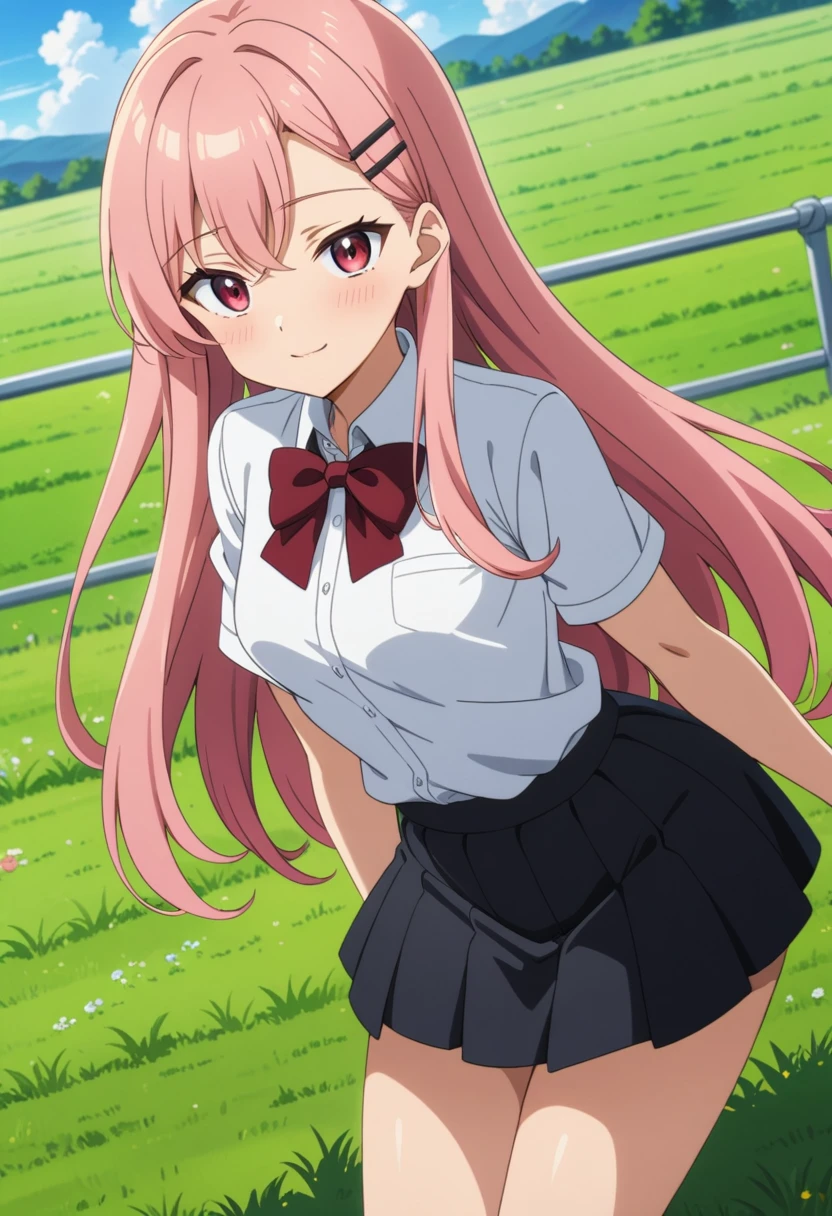 1girl, solo, anime coloring,
long hair, pink hair, red eyes, seductive smile, small breasts, white shirt, red bowtie, hairclip,
field, blue sky,
masterpiece, best quality, very aesthetic, absurdres,Skirt fully visible、Stripes々Panties、Panties in full view、Skirt fully visible、Without skirt、Panties fully exposed