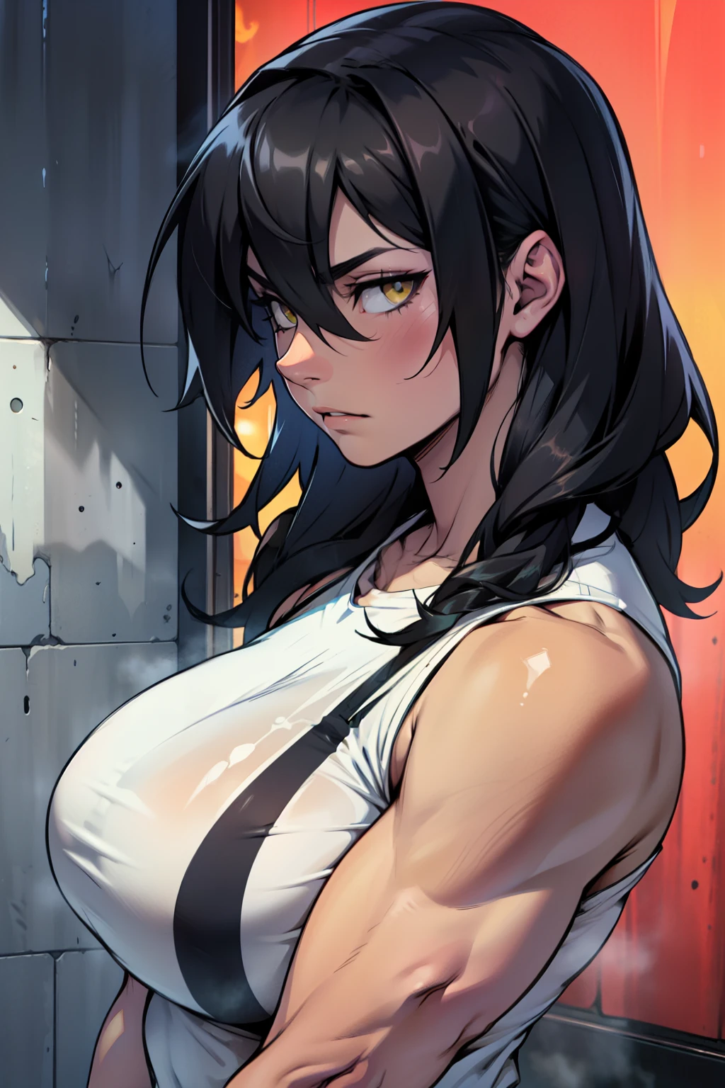 muscular girl perky breasts thick thick thick thick thick black hair yellow eyes pale skin expressionless sad