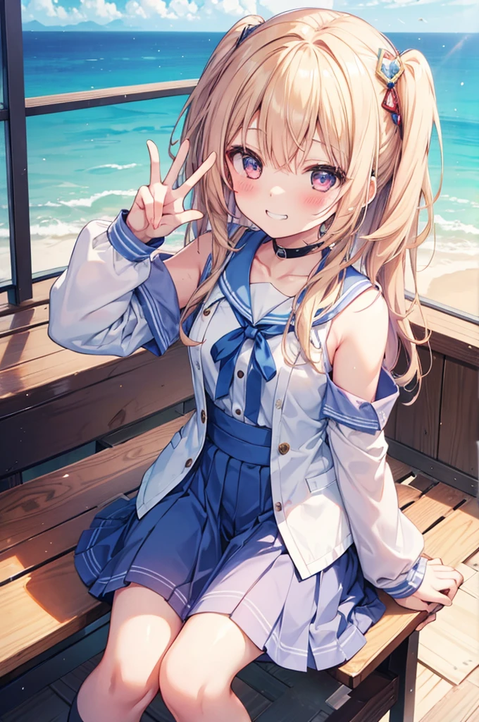 Grin, peace sign, From above, (Squint your eyes:1.2), close, One Girl, blush, sit, Yuka Hayase