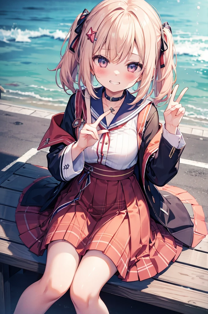 Grin, peace sign, From above, (Squint your eyes:1.2), close, One Girl, blush, sit, Yuka Hayase