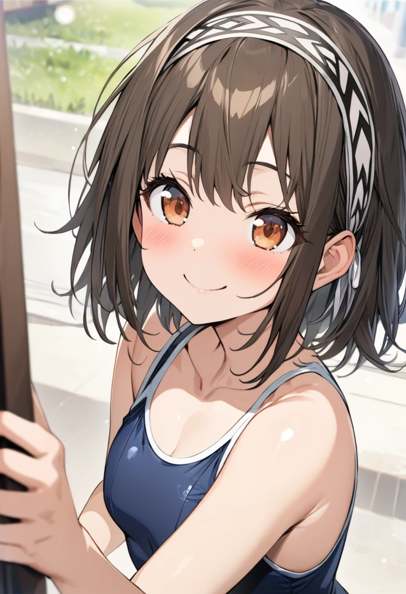 (masterpiece:1.4), (best quality), (ultra-detailed), furuhashi fumino, white headband, smile, worst quality, large head, school swimsuit,