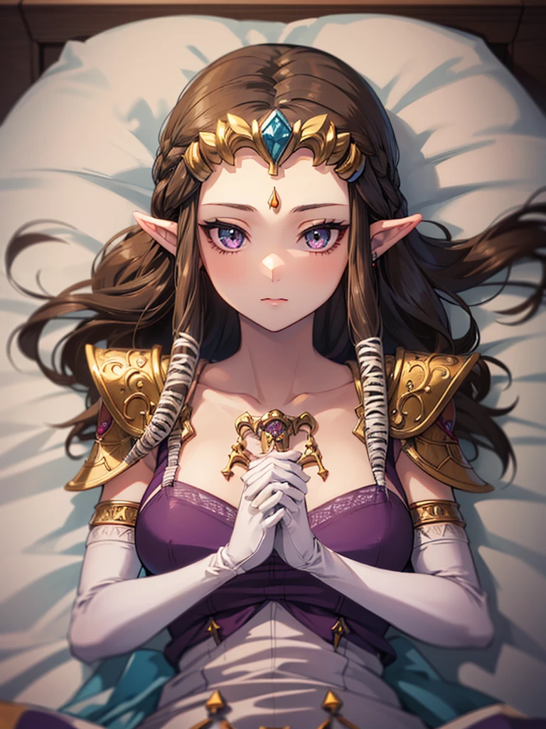 ((Clasp your hands together as if praying)),((Princess Zelda)),((the legend of zelda)),((Front face)),((upper body)),Anime art style,masterpiece,(Dark brown hair), (Very detailed),(Very delicate and beautiful),(alone),((((pov)))),(Detailed face and eyes),Beautiful eyes like jewels,(Purple blouse),(((Mature Woman,Queen))),((1 Queen in a beautiful)),((crinoline)),(((Long Straight Hair))),(Very beautiful mature woman),,length_gloves,hair accessory,Sparkling,((Lying in bed))