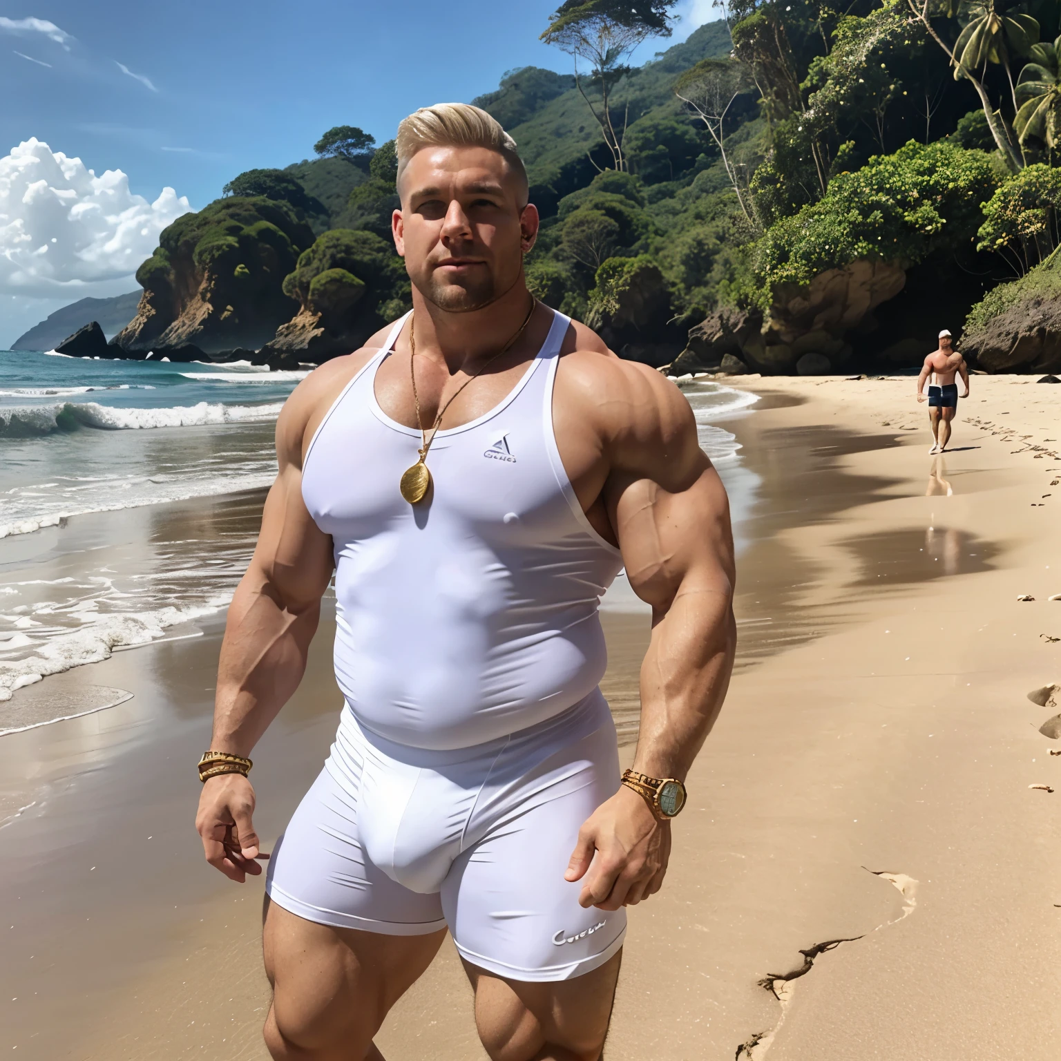 full view full body one white over-muscular with over-inflated and over-bloated enormous huge shoulders, pecs, biceps, abds and legs, Behemoth white Man looking very young with platinum-blond undercut haircut, in white lycra singlet and white socks, no shoes, dozens of golden rings, necklaces, bracelets, showing off his incredibly over-inflated and over-bloated biceps, shoulders, pecs, abdos, legs , Doing Elaine Dance on Costa Rica beach, white socks are visible