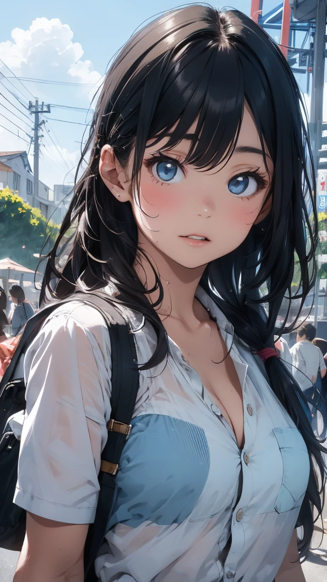 water, Wet, waterしぶき, liquid, sunny, Day, blue sky, cloud, nature, nature環境, (Character Focus:1.1), Sharp focus, Realistic, Very detailed, Super detailed, Highest quality, Highest quality, Realistic lighting, Super detailedな, Hyperrealism, Greg Rutkowski、Large Breasts、Cleavage、Wide Shot、(Short cute girl,Little young student,Young and delicate girl),(masterpiece,Highest quality),Long black hair,Light blue sheer shirt,See-through bra, amusement park, Silver Hair