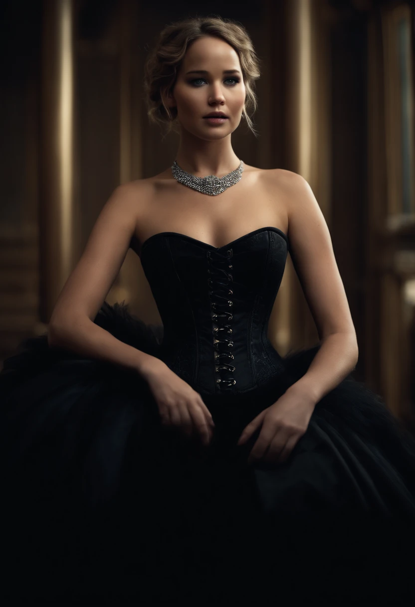 Portrait of a Jennifer Lawrence , wearing a black corset