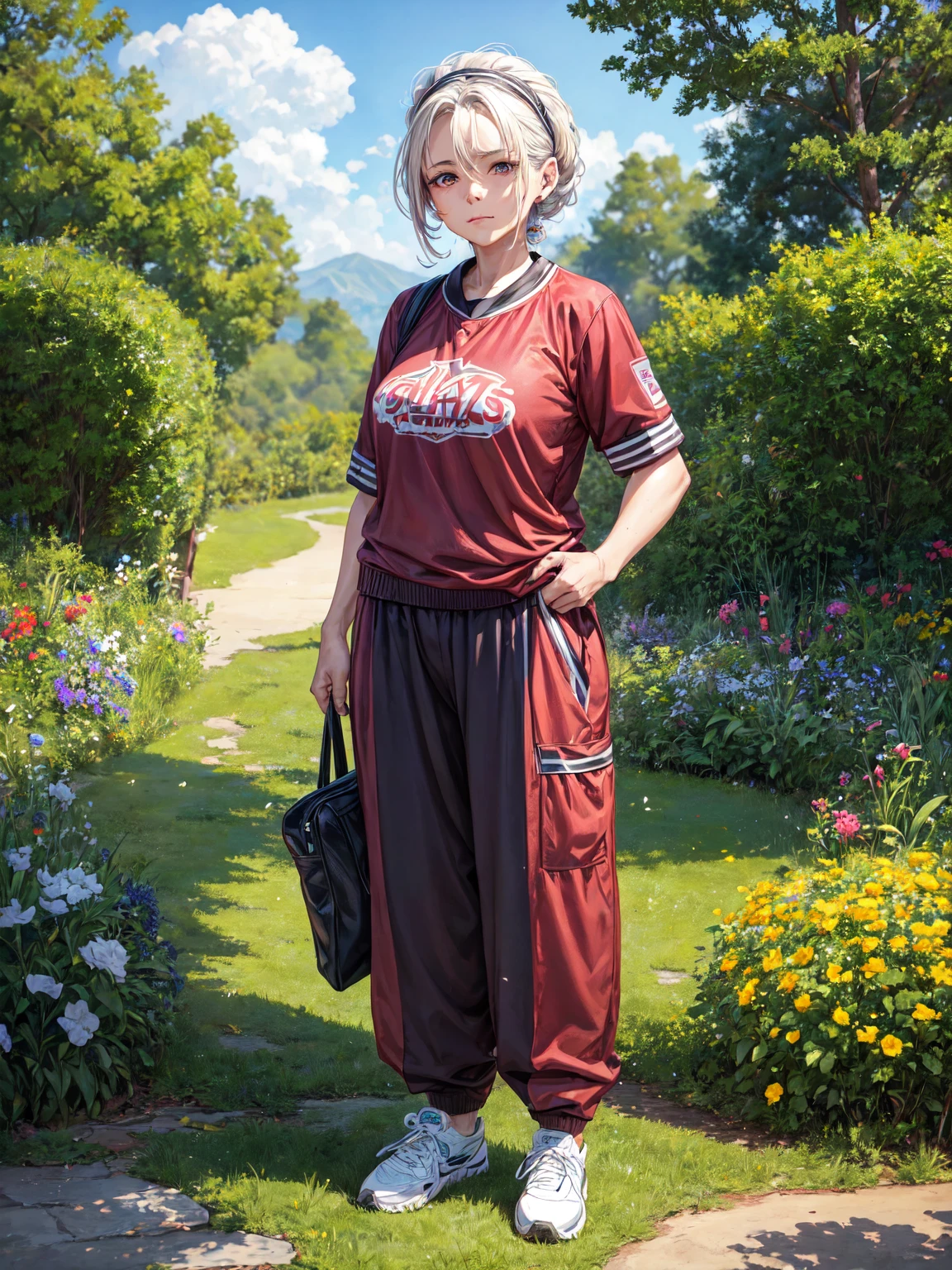 1 20 year old woman in a park wearing sports clothes, whole body, very beautiful face, very detailed eyes, standing, masterpiece, The best quality, super detailed, high resolution, anatomically correct, necessary, high detail, super detailed