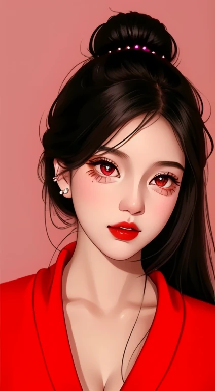 a young girl with long black hair, piercing features, fair skin, pink lips, soft and delicate, wearing a red sweater, beautiful detailed eyes, beautiful detailed lips, extremely detailed eyes and face, long eyelashes, 1girl, digital illustration, high quality, photorealistic, hyper detailed, vibrant colors, warm lighting, cinematic composition
