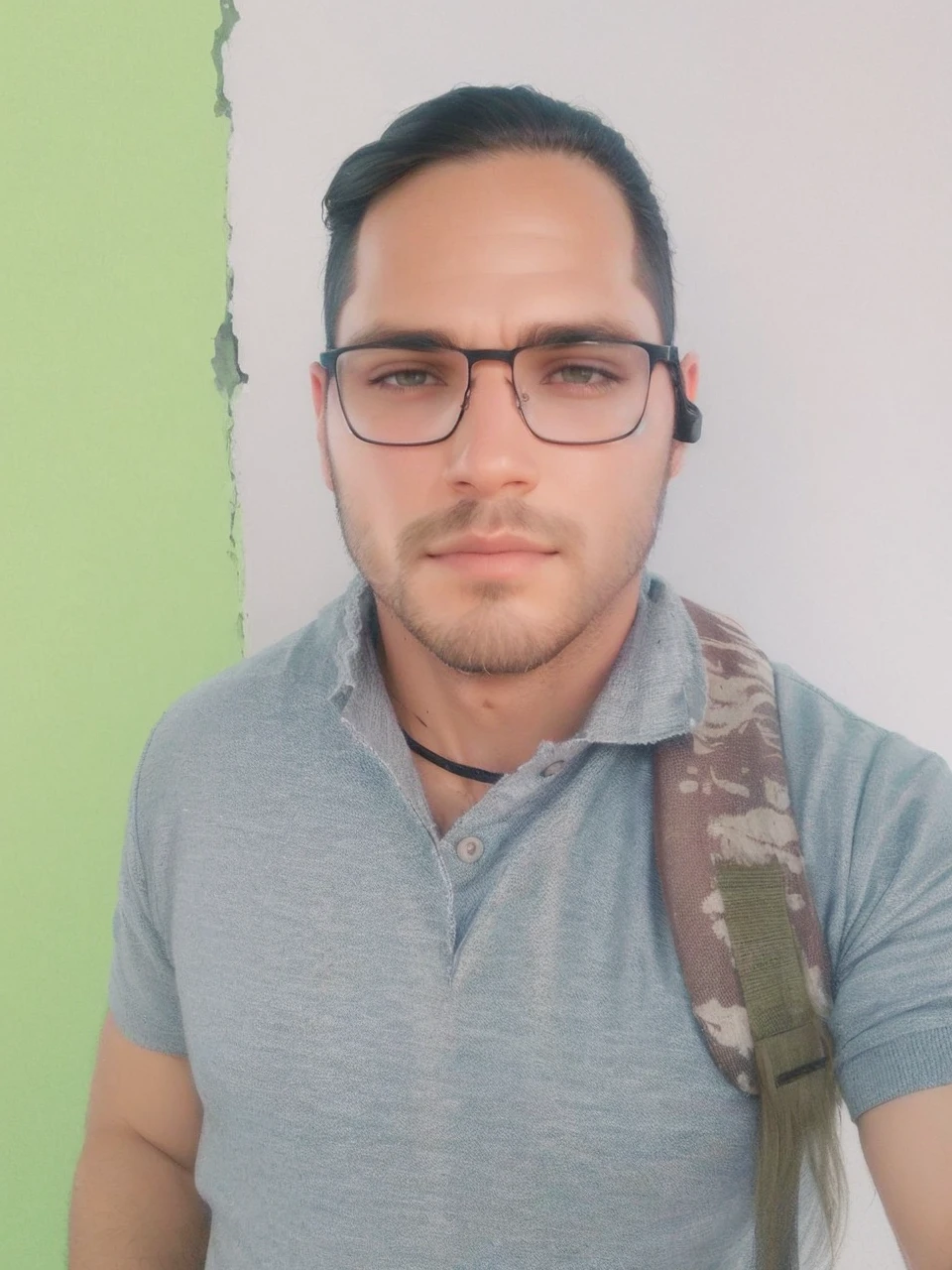 Straight, slanted dark hair, beard shadow enhance facial details