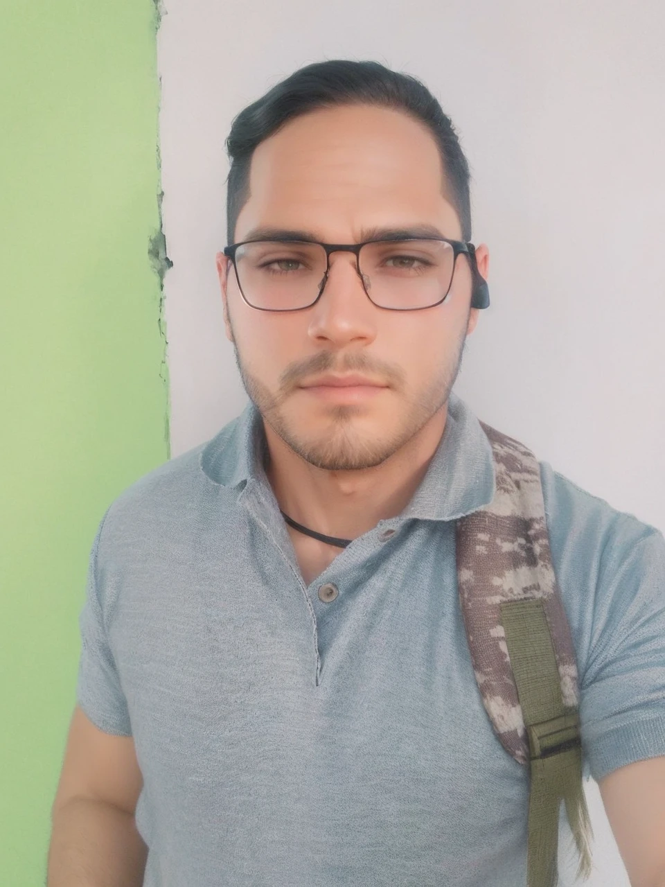 Straight, slanted dark hair, beard shadow enhance facial details