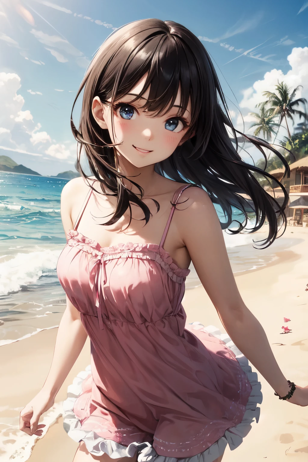 very cute and beautiful girl,(highly detailed beautiful face and eyes),pink camisole,cute ruffle petticoat,
(smile),happy,looking at viewer,black hair,cowboy shot,detailed legs,beach,tropical resort,
(best quality,masterpiece),absurdres,highres,ultra-detailed,extremely detailed,32k,8k resolution,
intricate details,cinematic scene,detailed background,solo,dynamic angle,
natural lighting,hair fluttering in the wind,beautiful detailed sky,