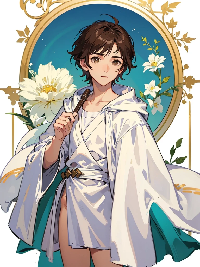 {{{visual novel sprite}}}, {{{white background}}}, (((1male))), short dark brown hair, brown eyes, cute, pretty, white Greek tunic, open robes, small penis,