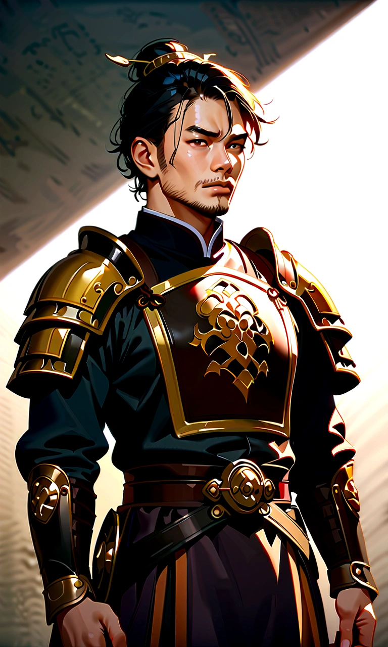 25 year old Chinese man,middle aged man,realistic,chinese_Armor,alone,Background of ancient chinese cities,detailed_eye,shoulder_Armor, pitching,(검은 eye),looking at viewer,(masterpiece:1.2), (best quality:1.2), perfect eye, perfect face, perfect lighting, (8K),(complete anatomy), Nee Shot