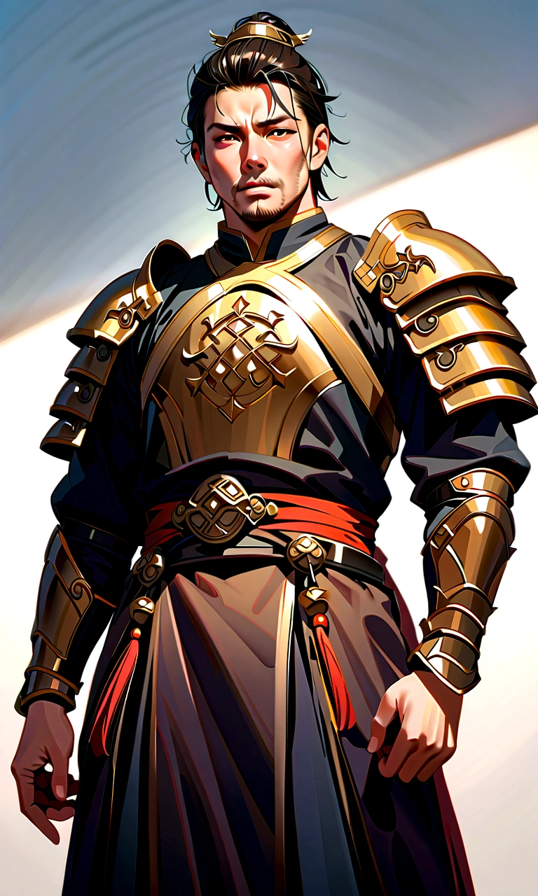 25 year old Chinese man,middle aged man,realistic,chinese_Armor,alone,Background of ancient chinese cities,detailed_eye,shoulder_Armor, pitching,(검은 eye),looking at viewer,(masterpiece:1.2), (best quality:1.2), perfect eye, perfect face, perfect lighting, (8K),(complete anatomy), Nee Shot
