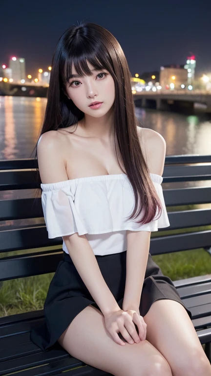 ((Highest quality)),((最high resolution)),((high resolution)),((detailed)),((High definition)),((8K)),((Perfect body)),((Perfect Face)),((Realistic)),((Real)),((Realistic)),((Beauty)),Korean、Stylish cityscape、Outdoor、City、Night view、Black Hair、((Only the tips of the hair are pink))、Straight long hair、Very dense makeup、((Straight bangs))、Black Mini Skirt、Black ruffled off-the-shoulder top、Exposed Skin、Place your arms behind your back to support your body、Slanted Eyes、White Skirt、Sit on a bench、((cross-legged)), (big breasts:1.1)、