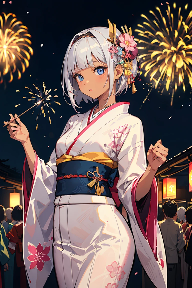 One Woman、Beautiful silver hair、((((Very short hair))))、French braids、skyblue eyes、Beautiful Eyes、(hair band)、(((Blunt bangs))), ((Medium Chest)), 24-years-old、 (((dark skin))), Tight waist, night、Fireworks display、Festival of the Japan、((Pink long-sleeved kimono))、Long flower hair ornament、cowboy shot