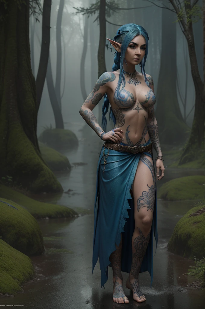 A blue haired female elf with tattoos and piercings standing in the rain, Fantasy, fantasy character portrait in the style of concept art., fantasy concept art created in the style of unreal engine., standing in the rain and mist of an ancient forest. She has dark tattoos on her arms and chest. The scene is in the style of concept art., wearing fantasy tribal