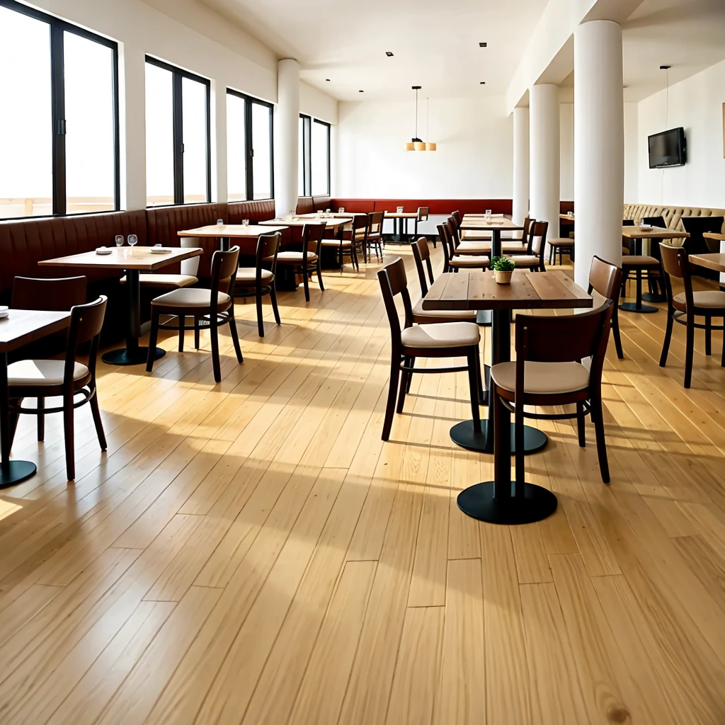 Interior for a restaurant with three columns in the center, couple of big tables with soft chairs in light colors and wood floor in 3D graphics like in game