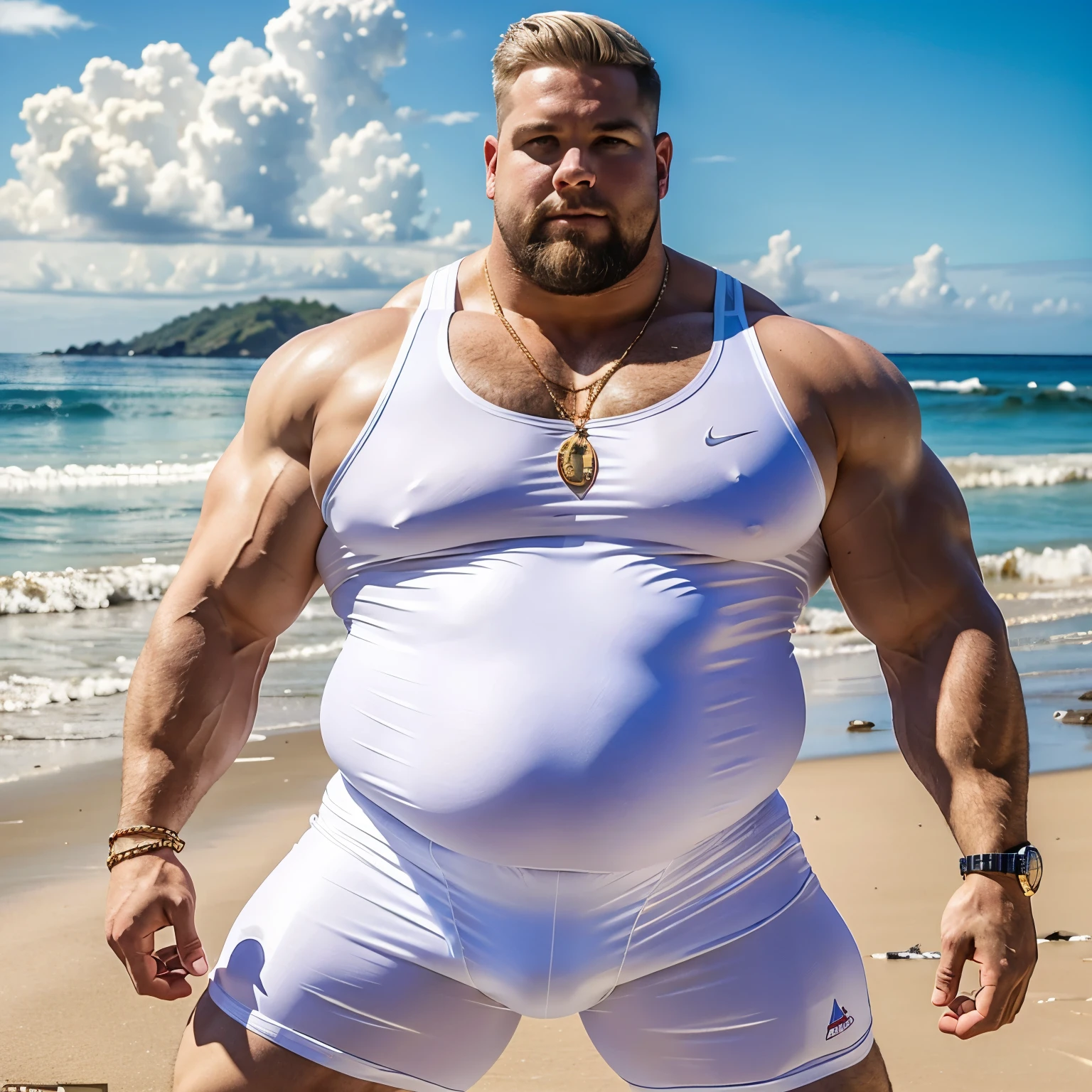 full view full body one white over-muscular with over-inflated and over-bloated enormous huge shoulders, pecs, biceps, abds and legs, Behemoth white Man looking very young with platinum-blond undercut haircut, in white lycra singlet and white socks, no shoes, dozens of golden rings, necklaces, bracelets, showing off his monstrously over-inflated and bloated muscles all over , Doing Elaine Dance on Costa Rica beach, white socks are visible