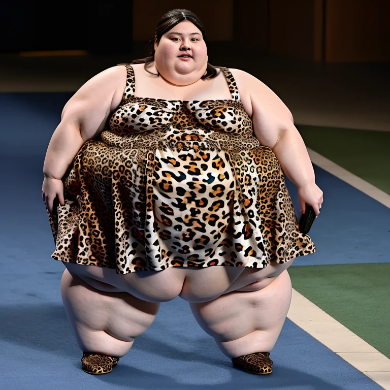 Ssbbw extremely morbidly obese solo Miranda Cosgrove full body alone wearing a leopard dress