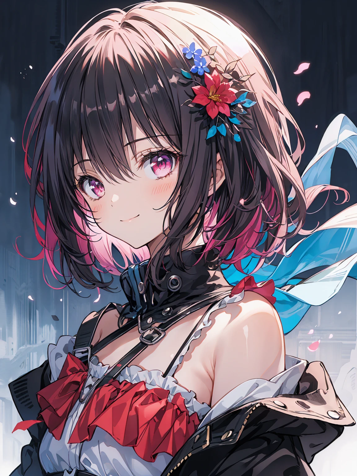 (masterpiece, highest quality, highest quality, (No text), Beautiful and aesthetic:1.2),No text,アニメ、 BREAK,One Girl，Short black hair　Beautiful eyes　Red eyes　cool　smile　cute　Black jacket　mini skirt　whole body　night