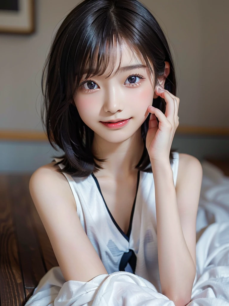 (Beautiful Japanese Girl), 1girl, solo, , (smile:1.25), break,
(Shot with a Canon EOS 5D Mark 4 and a Canon EF 85mm F1 lens.2L Lens, F-stop 1.2, ISO50, Shutter speed ), break,
(close up:1.5), (Looking at the camera :1.3), break,
beautiful and Fine Eyes, perfection, perfection, Rolling your eyes, Detailed face, Fine Eyes, Superior Quality, masterpiece, Very detailed, High level of detail, Many details, high quality, Cinematic Light, Real Hands, (Ultra-realistic:1.3), perfection eyes, Detailed skin, Skin wounds, Lip gloss, break,
kyriedef, hair over one eye, short hair, (hair over one eye:1.5),