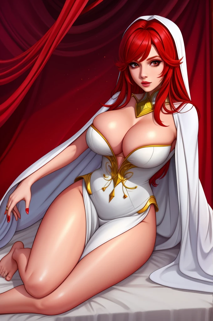 sorceress. sexy white robe, red hair, blank background