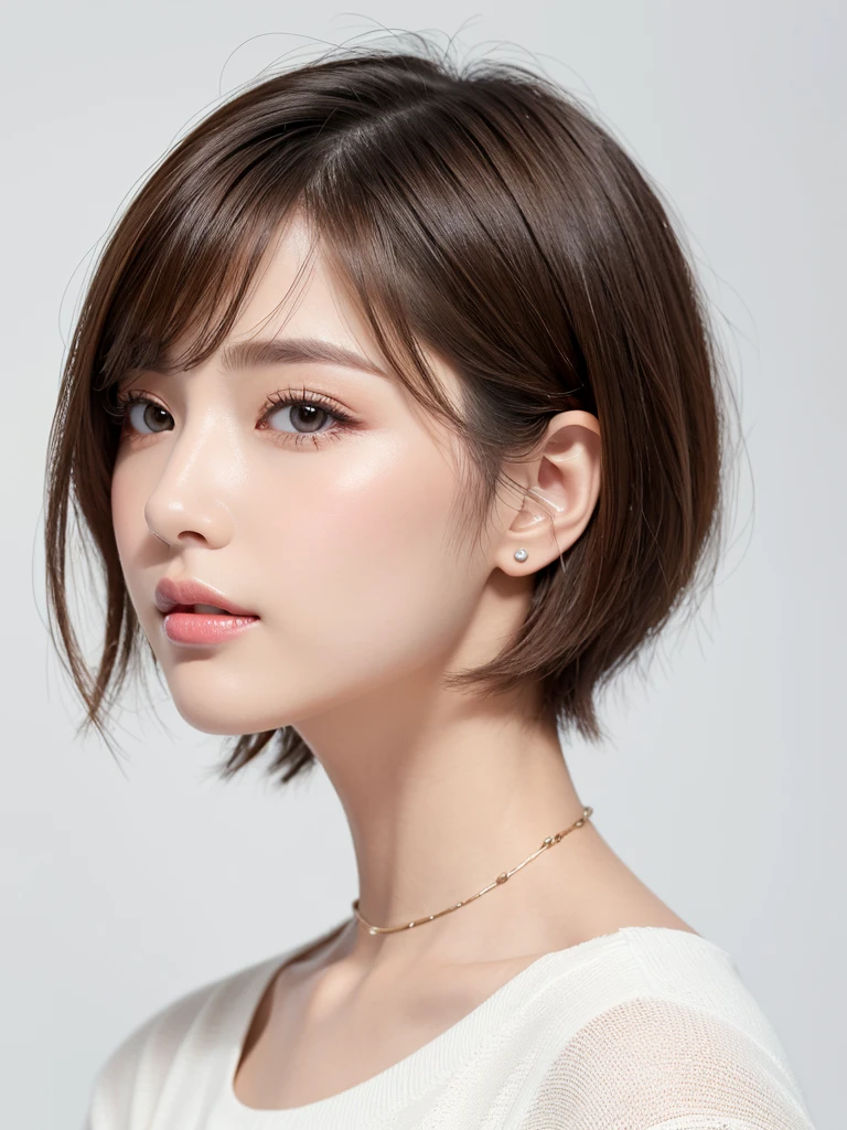 (Highest quality、Tabletop、8K、Best image quality、Award-winning works)、((profile:1.3))、ear、((short hair:1.46)),(Brown Hair)、(White casual clothes:1.2)、(The simplest pure white background:1.3)、(Perfectly fixed in front:1.1),(Portrait with space:1.3)、Beautiful and detailed、Perfect Makeup、Ultra-high definition beauty face、Ultra HD Hair、Ultra-high definition sparkling eyes、Ultra-high quality glossy lips、Accurate anatomy、Very beautiful skin、(Pure white skin shining in ultra-high resolution:1.1)、(Very bright:1.2),Big Natural Color Lip、Lip gloss,Harajuku、cute、cute美人